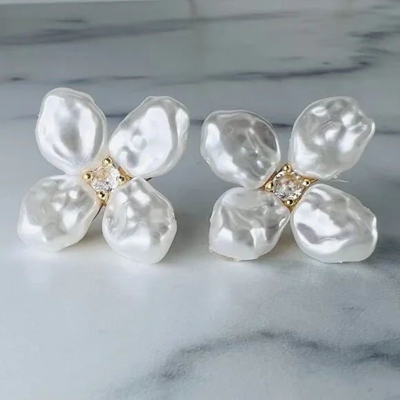 Faux Ivory Freshwater Baroque Pearl Earrings with Prong Set Crystal Gold Plate - Picture 5 of 5